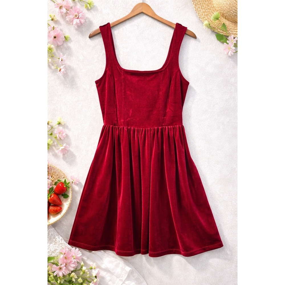 Old Navy Red Velvet Dress L Square Neck Fit‎ Flare Sleeveless Skater Pockets